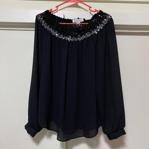 Lady Caribou long sleeve slightly sheer black blouse w/sparkle neckline, size XL - Picture 1 of 8
